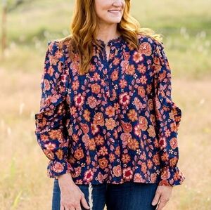 The Pioneer Woman Pintuck Floral Ruffle Long Sleeve Blouse Woman's Small Casual